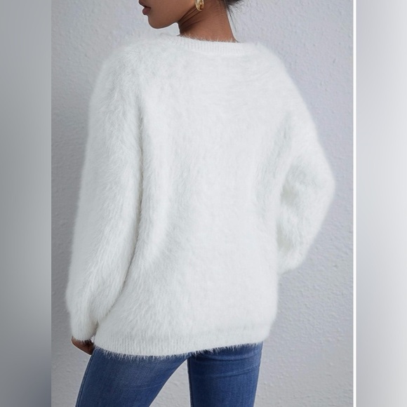 Love Stitch Fuzzy V-Neck Sweater With Cutout Neckline - Picture 11 of 12